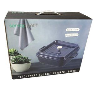 Servappetit Stoneware Covered Baking Casserole Dish Blue 9.5" Sq New, w/ Lid